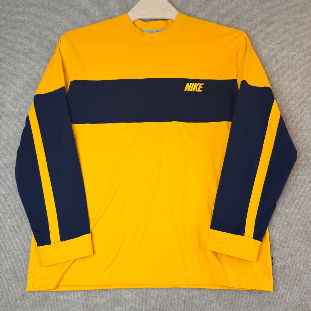 Vintage Nike Mens XL Long Sleeve Yellow Navy Blue Color Block Cotton Crew Neck